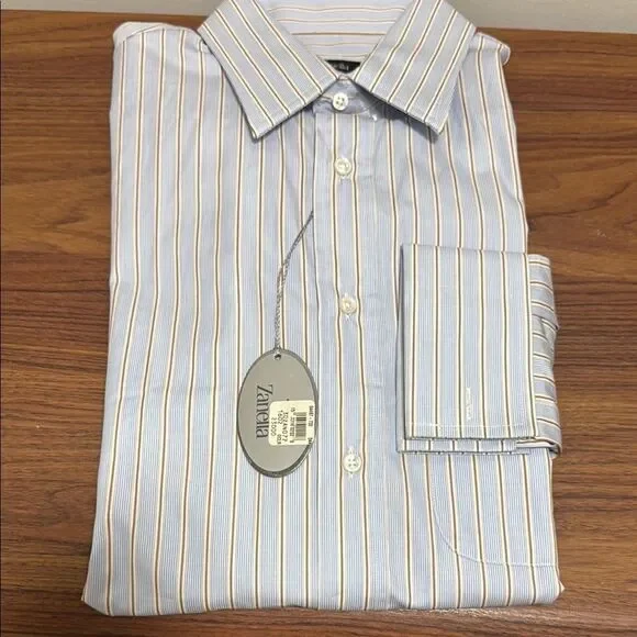 NWT Zanella Mens Shirt Blue Tan Stripe Long Sleeve Button Up w/French Cuff. - Picture 2 of 10